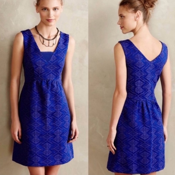 Mauve Dresses & Skirts - MAEVE Anthropologie Blue Purple Averie Jacquard Aztec Fit & Flare Dress, Sz 4